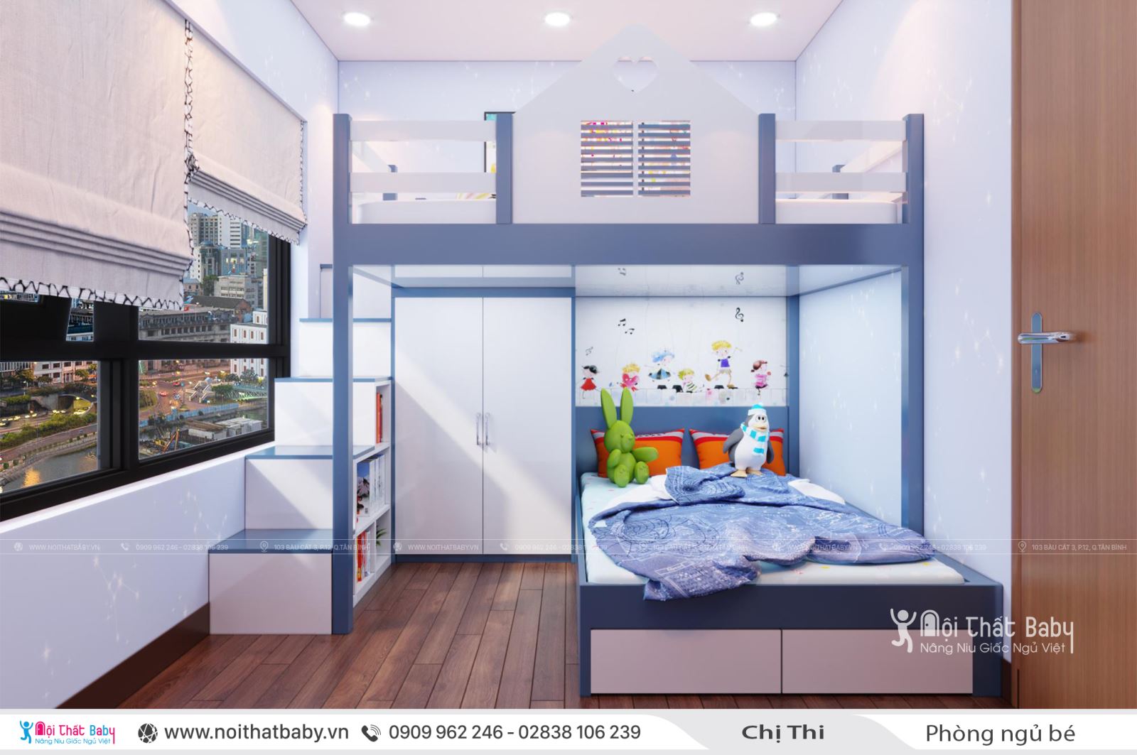 Giường tầng màu xanh cho bé trai tại căn Duplex 97m2 Emerald Celadon City